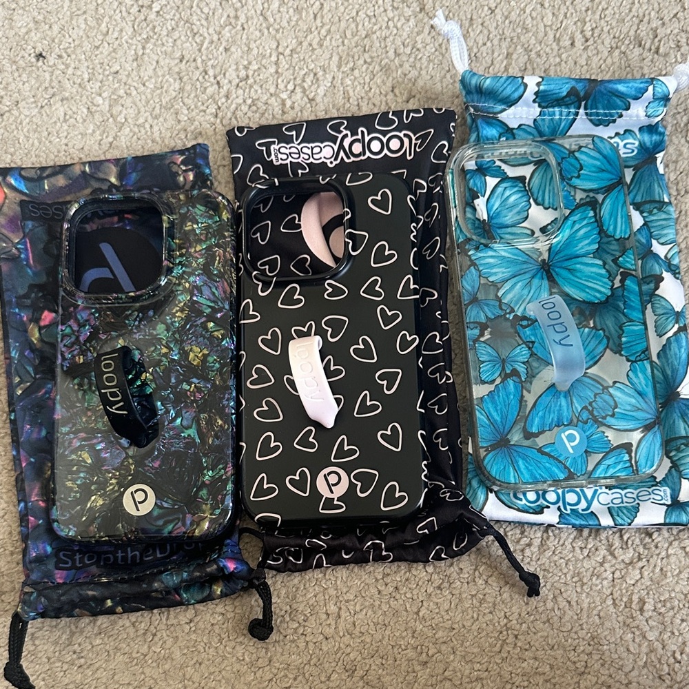 Loopy Case Blue Butterfly, Black Heart & Iridescent Shell iPhone 14Pro